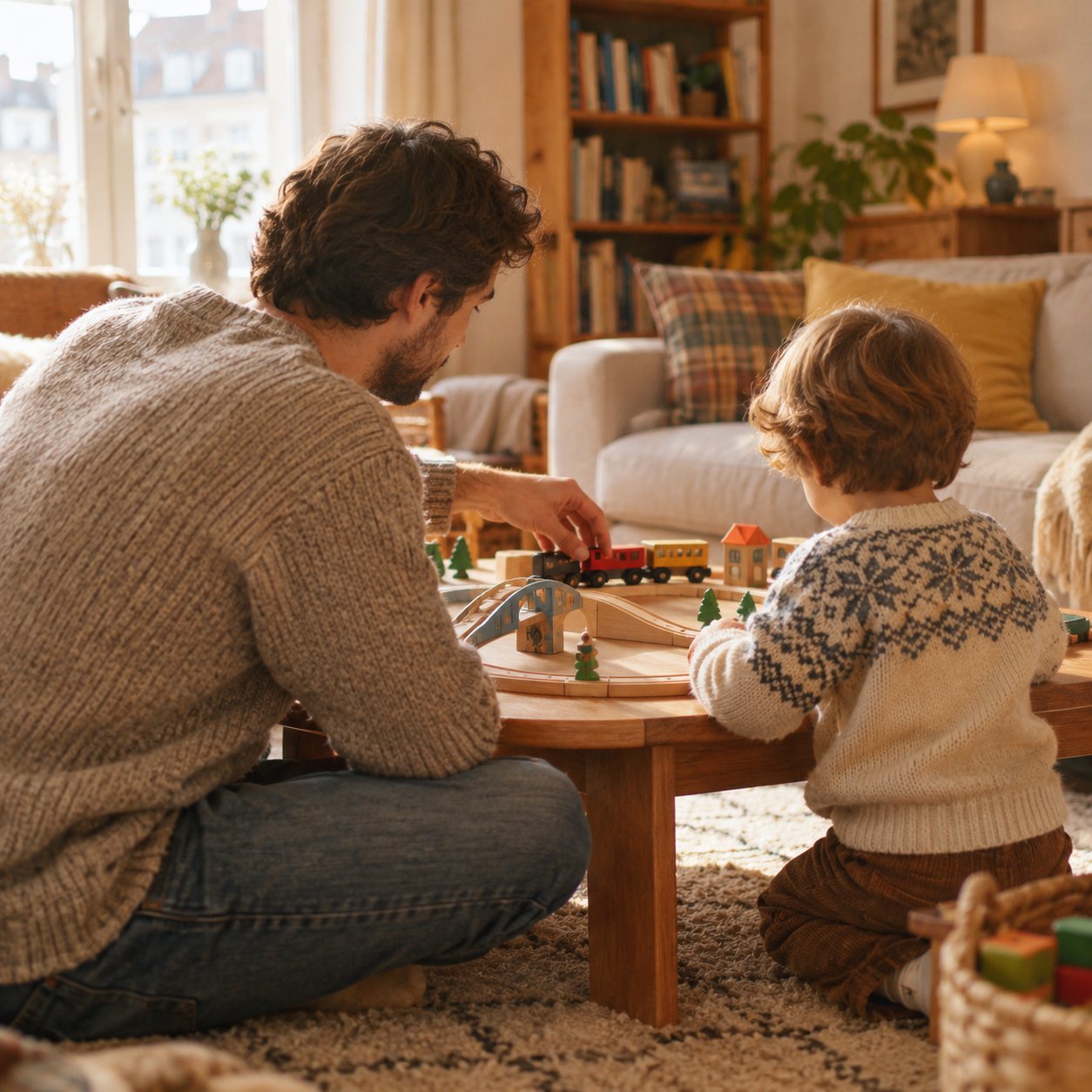 An adult and a child building a wooden train set together, seen from the side
