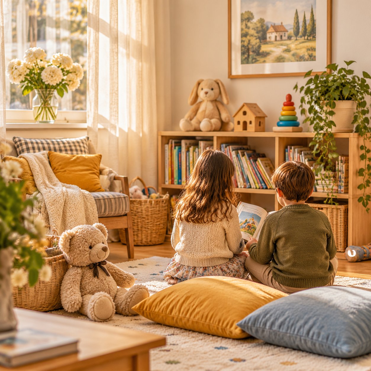 A warm family reading corner with children's books and soft toys