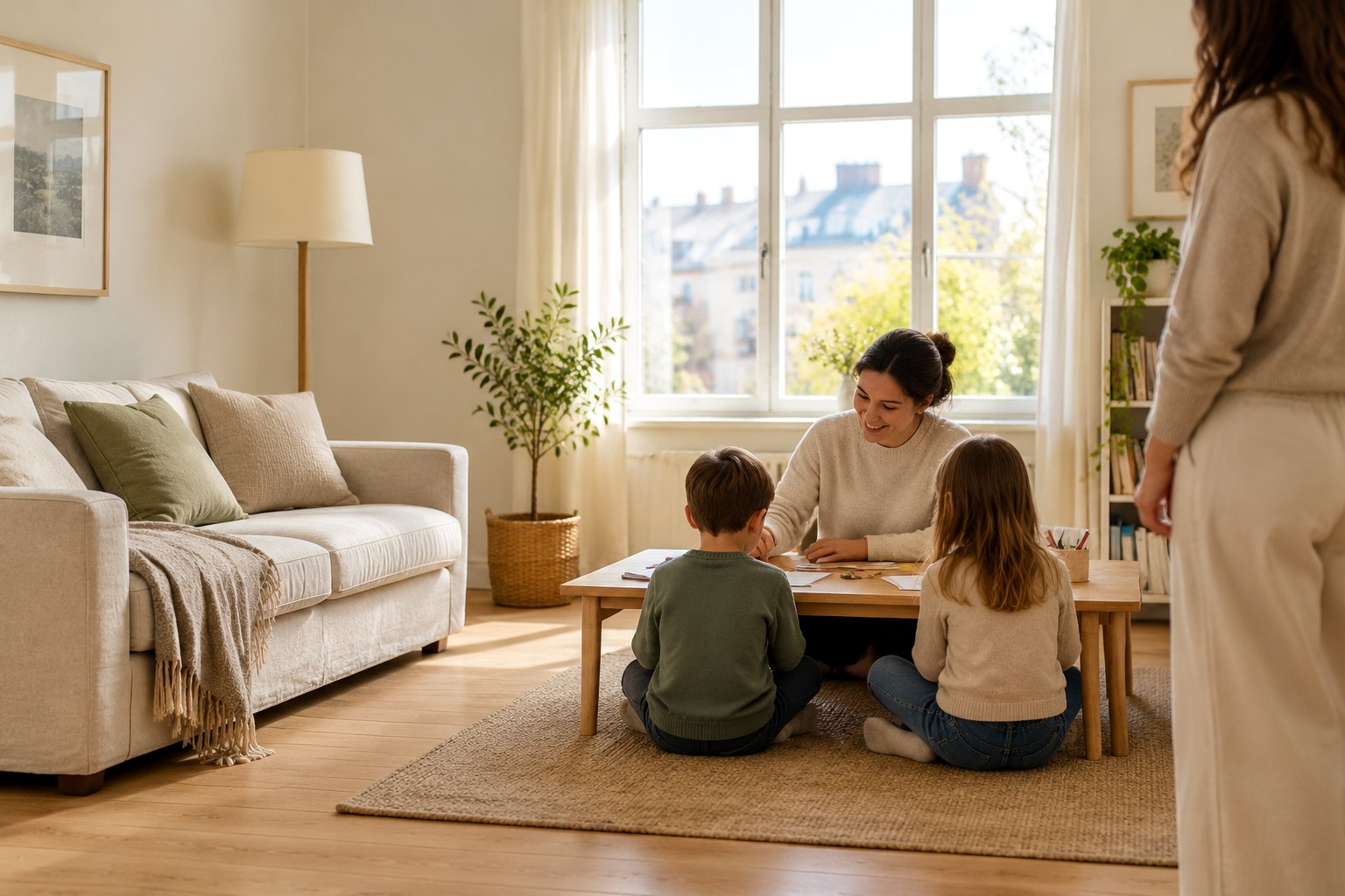 A childcare professional helping two children at a low table in a bright family living room, with a parent nearby