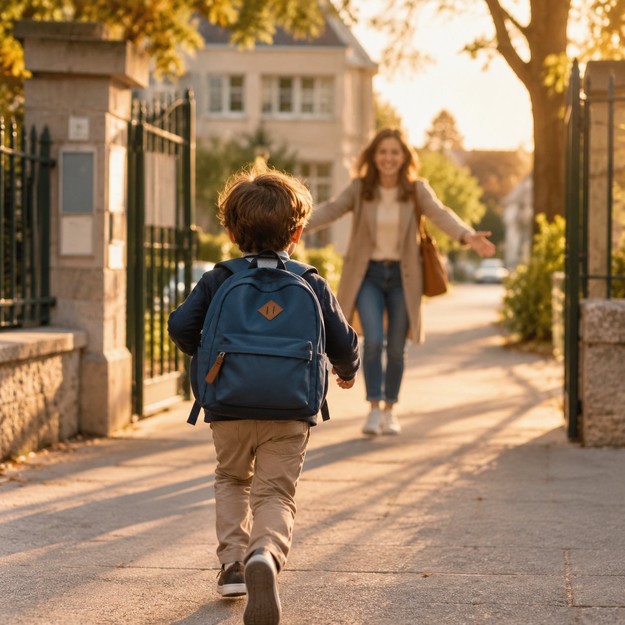 A child with a backpack walking from the school gate with a carer, seen from behind