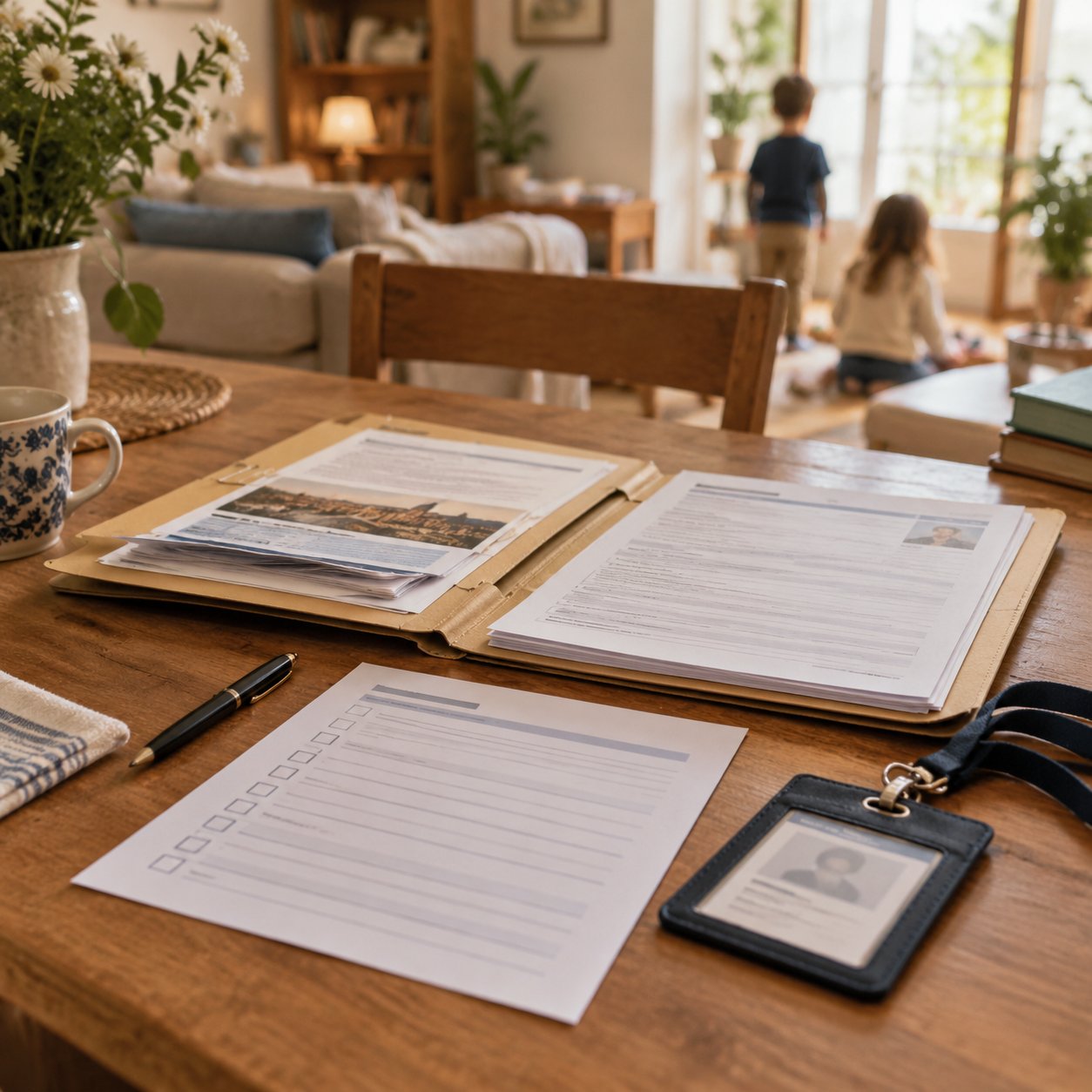 An open folder with verification documents and an ID holder on a desk