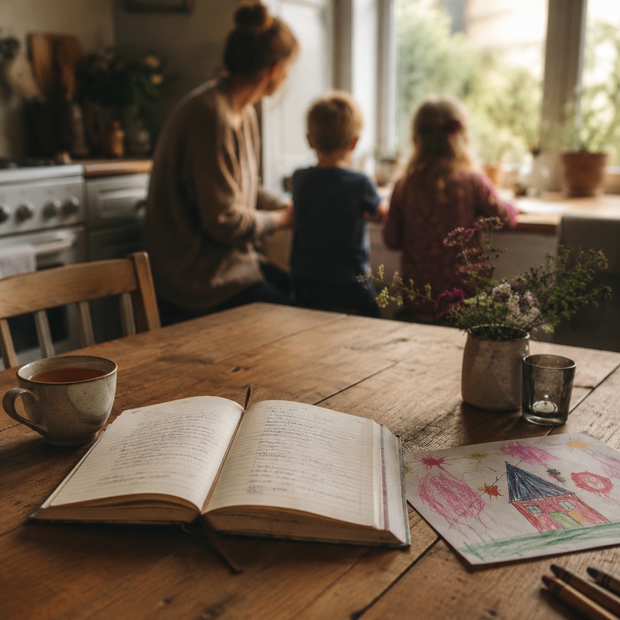 A notebook of daily care notes, a cup of tea and a child's drawing on a kitchen table