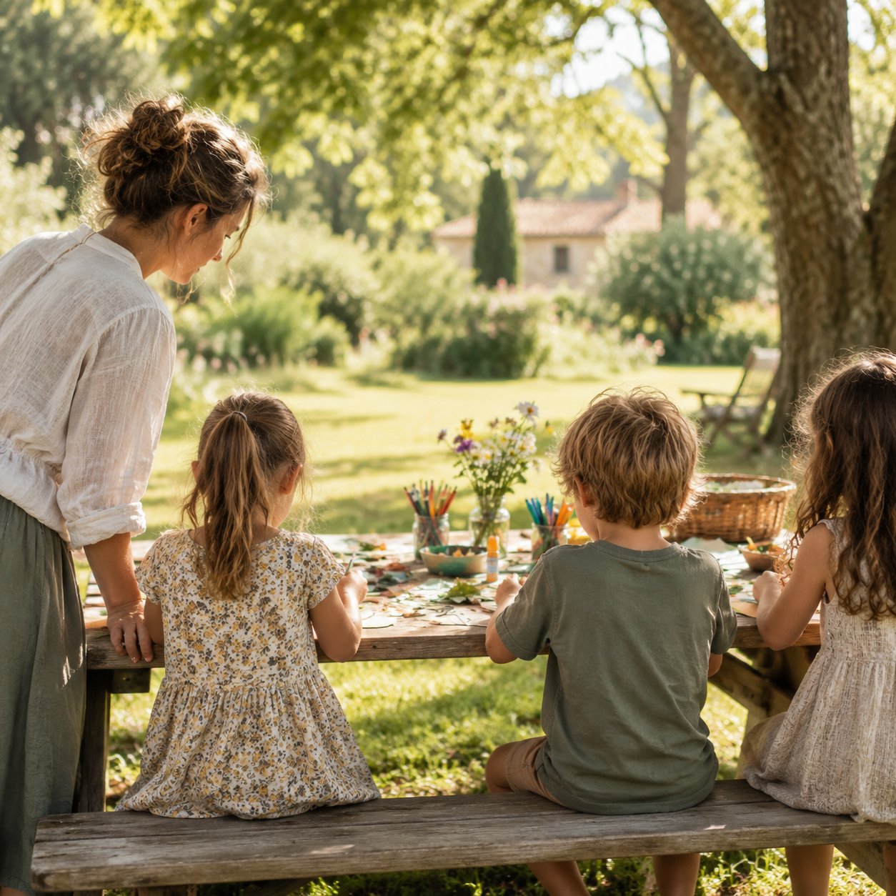Children doing a craft activity at a picnic table in a park, supervised by a carer