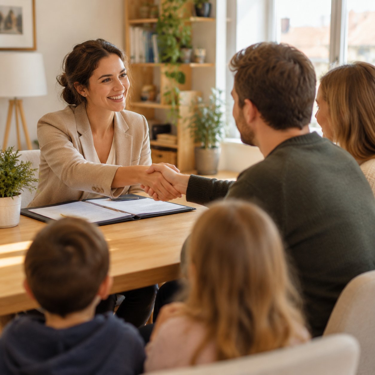 A childcare coordinator meeting a family around a table with an open folder