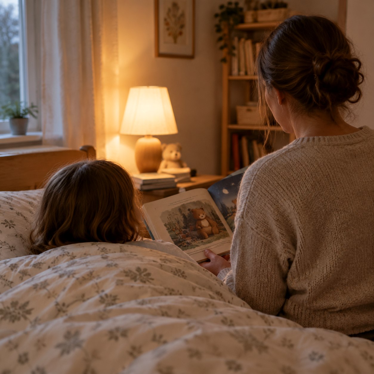 A child tucked under a duvet seen from behind while an adult reads a picture book
