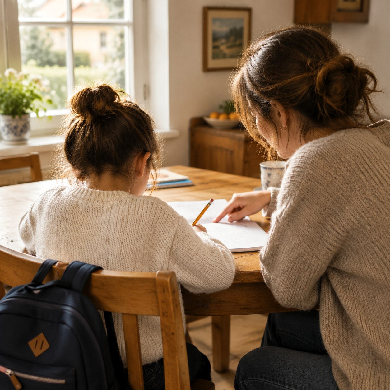 A child seen from behind working on homework at a kitchen table with an adult helping