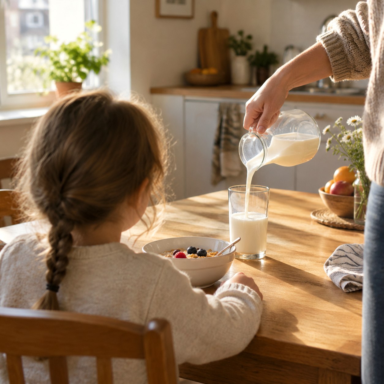 A child seen from behind at a breakfast table while an adult pours milk, morning light